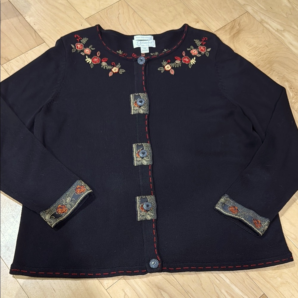 CJ Banks black cardigan sweater with hand embroidery - size 1X